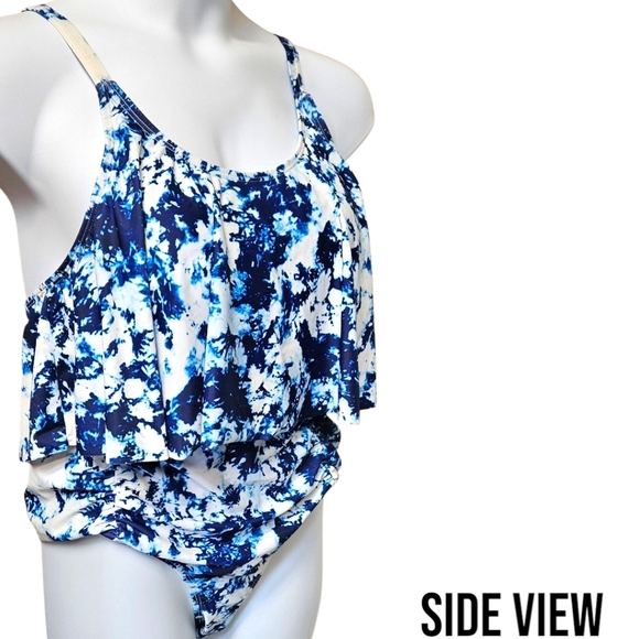 PLUS SIZE Women's Blue & White Tie Dye 2 Piece Ruffle Ruched Swim Suit Size XXL - Picture 5 of 10